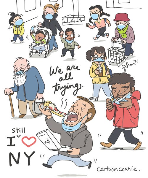 Illustration: I (Still) Love New York Sketchbook illustration of New Yorkers walking, wearing masks, eating pizza, having coffee on-the-go. Original artwork by Connie Sun, cartoonconnie