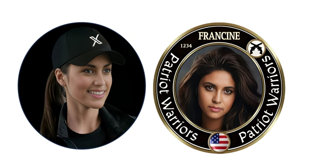 Side-by-side images of Francine: on the right, displaying the X Patriot Warrior badge, and on the left, wearing a ponytail and a black hat with the X logo.