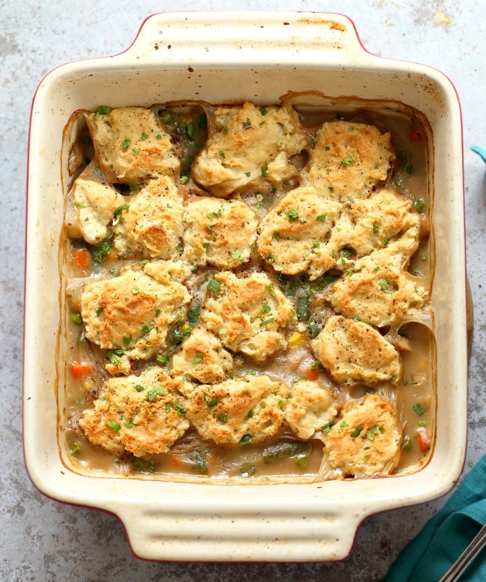 Our Vegan Pot Pie in an off- white baking dish