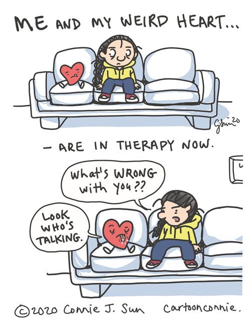 Me And My Weird Heart Cartoon illustration about getting therapy and prioritizing mental health wellness. Image of a woman and her heart sitting on a couch. Drawing by Connie Sun, cartoonconnie