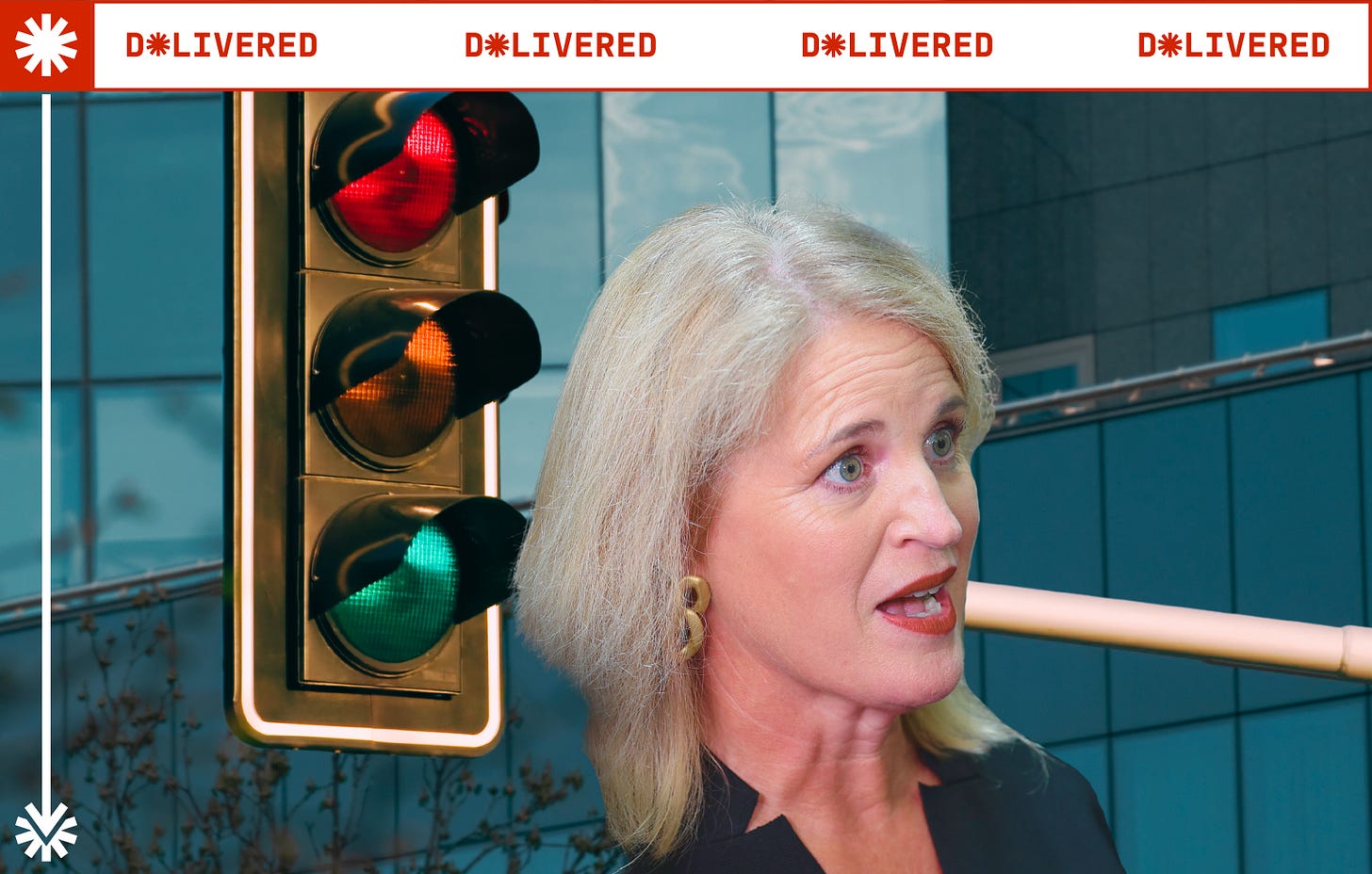 Minister Louise Upston pictured with traffic lights looming over her.