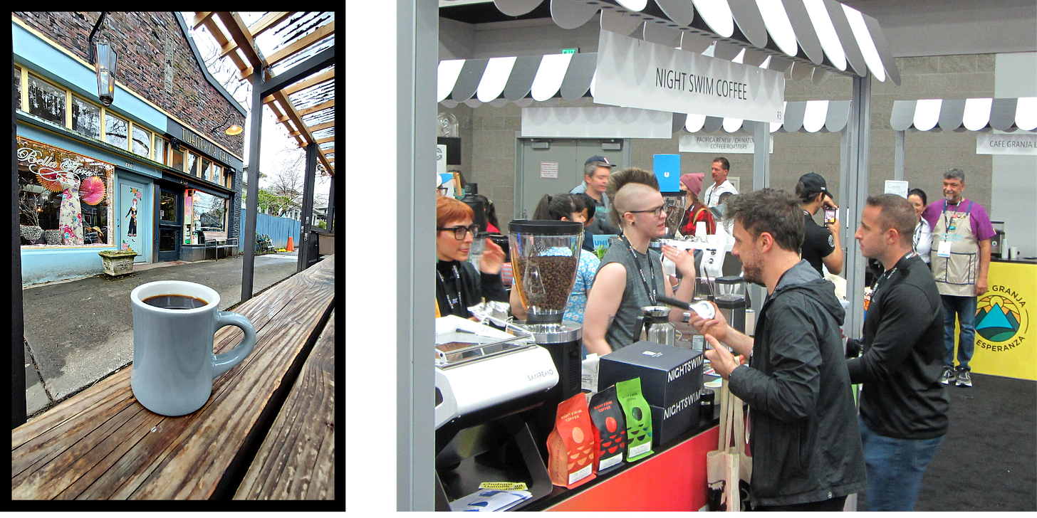 Left photo: A close up of a soft blue-grey coffee mug on a wooden picnic table. In the background is a brick building with a classic facade. Right: A barista talks to a guest at a coffee booth set up inside the Oregon Convention Center.