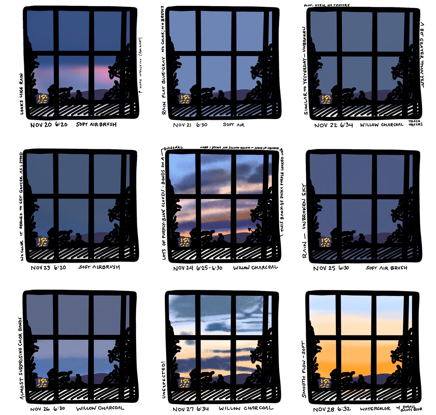 Thumbnails showing colors of morning sky in November. A. Cowen