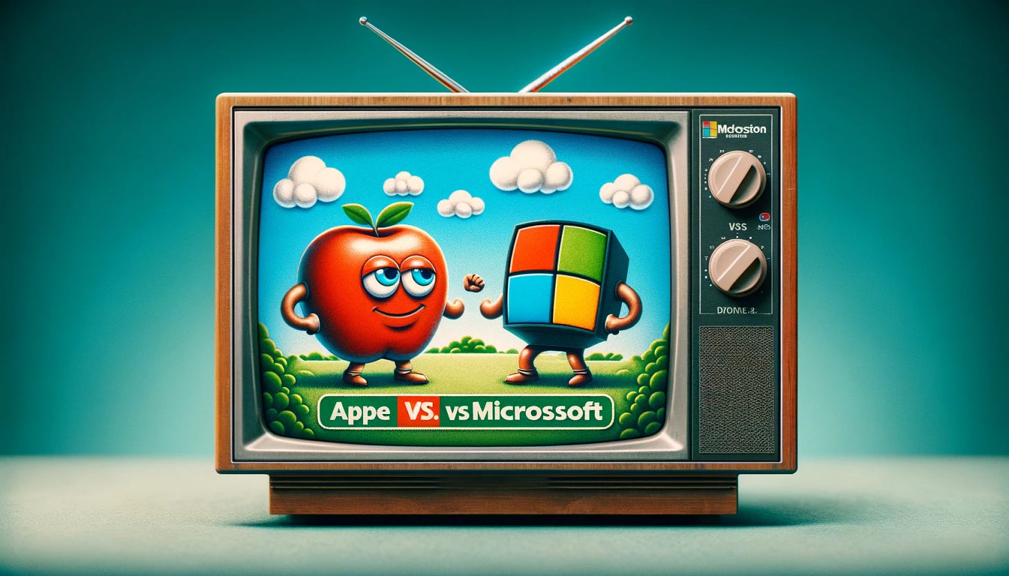 Create an image depicting a funny advertisement on an old CRT TV, showcasing a humorous "Apple vs. Microsoft" theme, with retro elements and a playful tone. The image should be in landscape orientation.