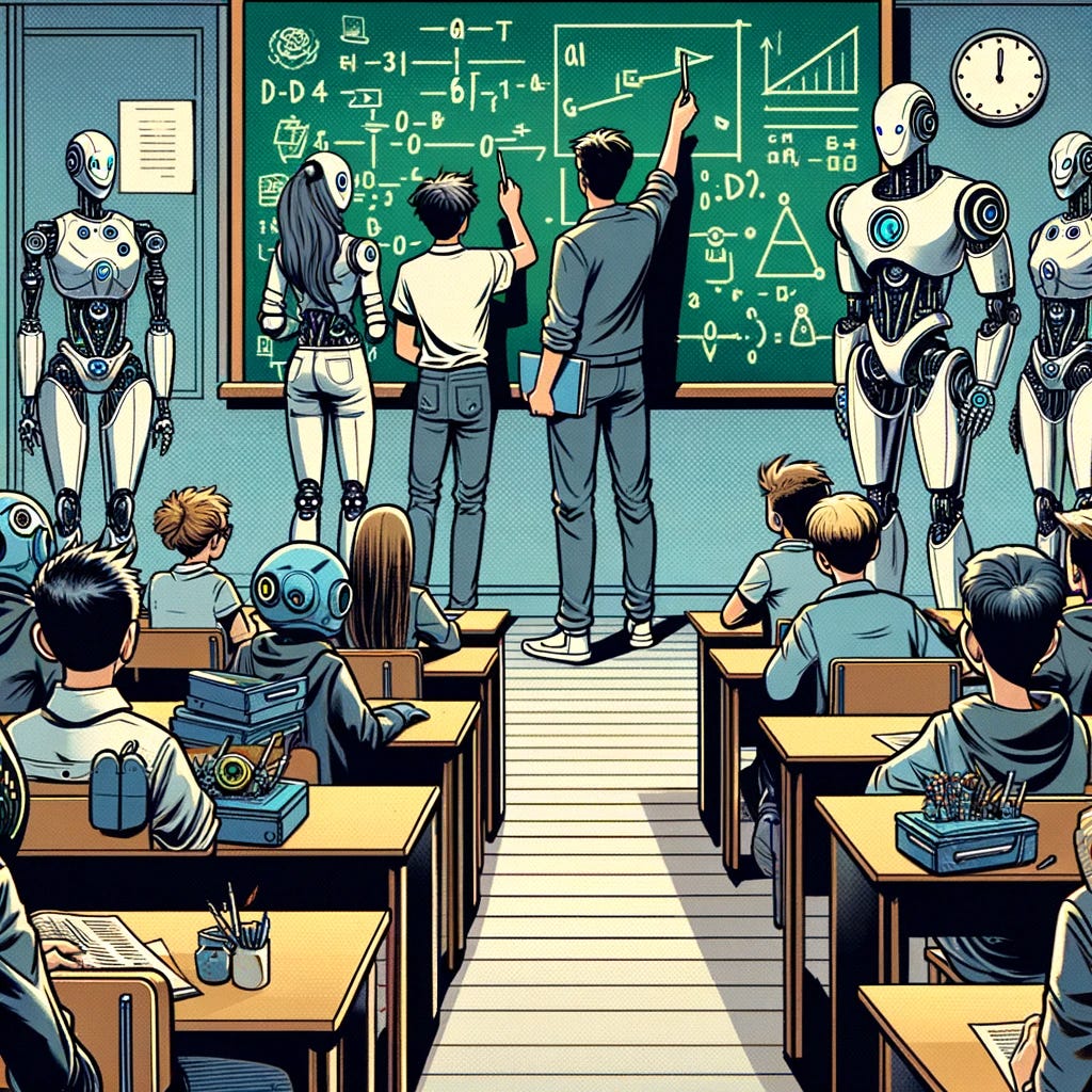 2 human students stand at a chalkboard with all sorts of diagrams on it. Robots stand nearby  and we can see desks with students and robots sitting at them and looking at the chalkboard.  It's in comic art style.
