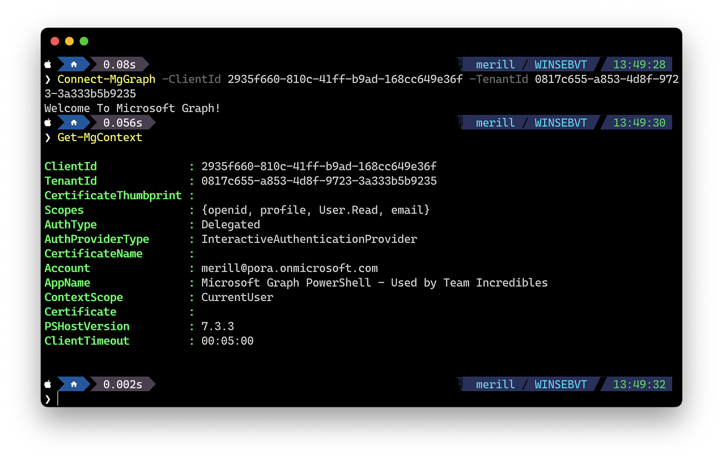 Screenshot signing in with the new app in PowerShell Screenshot signing in with the new app in PowerShell