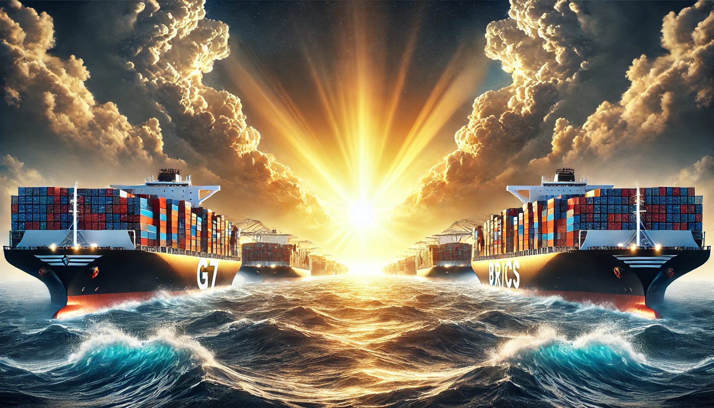 A hyper-realistic, ultra-detailed depiction of a dramatic geopolitical standoff between G7 and BRICS nations, symbolized as two colossal fleets of container ships facing each other in the open ocean. The G7 fleet is sleek, modern, and illuminated by powerful spotlights, while the BRICS fleet appears massive, emerging from a rising sun, symbolizing a shift in global power. The ocean is turbulent, reflecting the tension, with storm clouds on one side and a golden dawn on the other. The scene is cinematic, visually stunning, and evokes a sense of impending change in global economics.