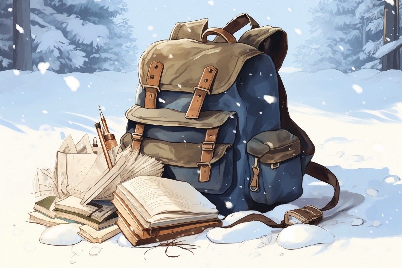 A computer generated illustration of a blue and tan canvas backpack with lots of buckles, sitting in the snow, with piles of journals and paper in front of it. The snow is magical and inviting. The backpack is waiting to go on an adventure.