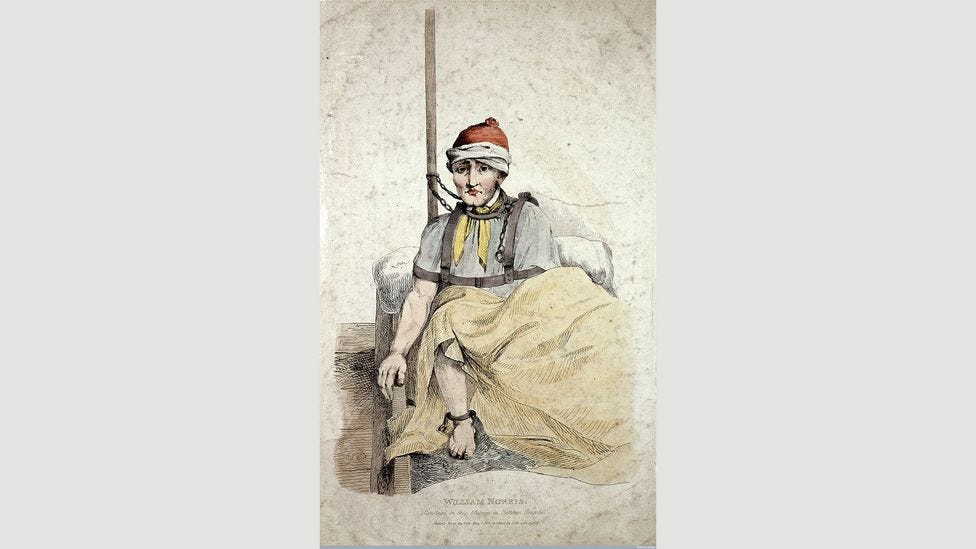 The hospital may have looked like a palace, but treatment of patients was hardly ideal, as shown in this etching of William Norris in 1814 (Credit: Wellcome Library, London)