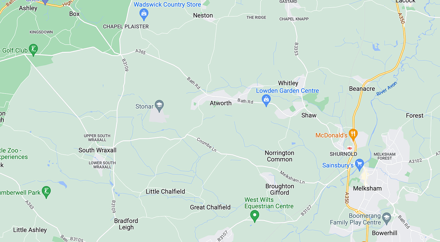 Google map showing the position of Atworth, Wilsthire. 