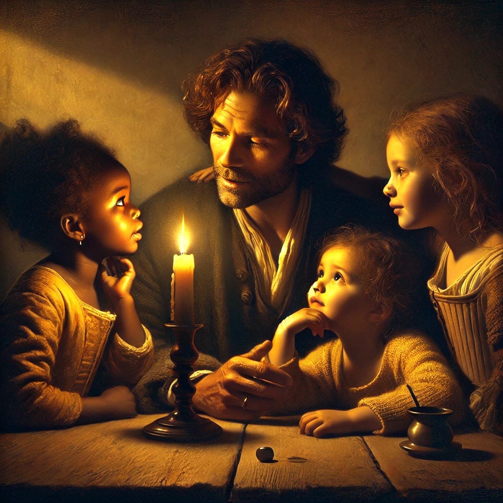 A warm, intimate scene in the style of Rembrandt, featuring a father seated at a wooden table, bathed in soft, golden candlelight. The father gazes lovingly at his three daughters, each at different stages of life. One daughter is black, one is biracial, and one is white. The eldest daughter listens thoughtfully, the middle daughter leans in closer, and the youngest looks up with wide, trusting eyes. The father's expression combines deep love, concern, and wisdom. Subtle shadows add emotional depth, while the background is softly lit with rich, dark tones, evoking a sense of timelessness and intimacy.