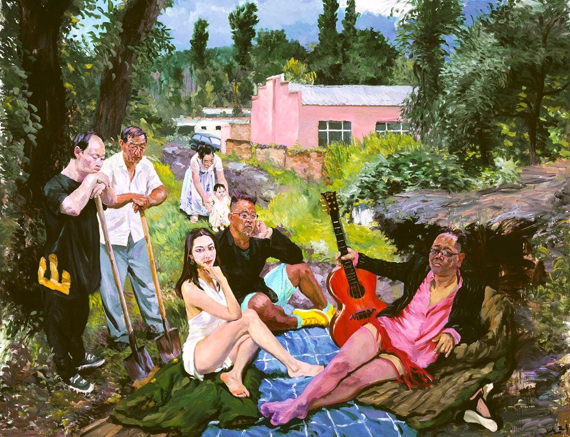 New painting by Liu Xiaodong responding to Manet's Luncheon on the Grass  now on view in LA