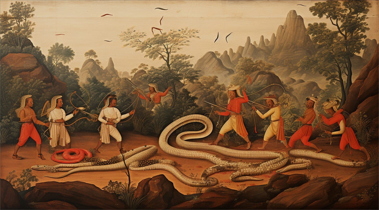 Indios cazando cobras, óleo sobre lienzo