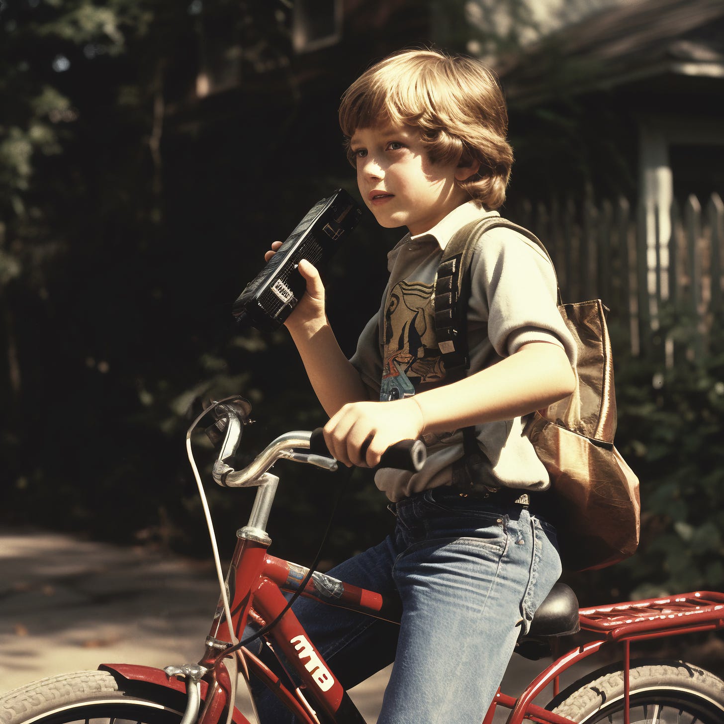 An aI generated image of a kid on a bike with what looks like a radio in his hand.