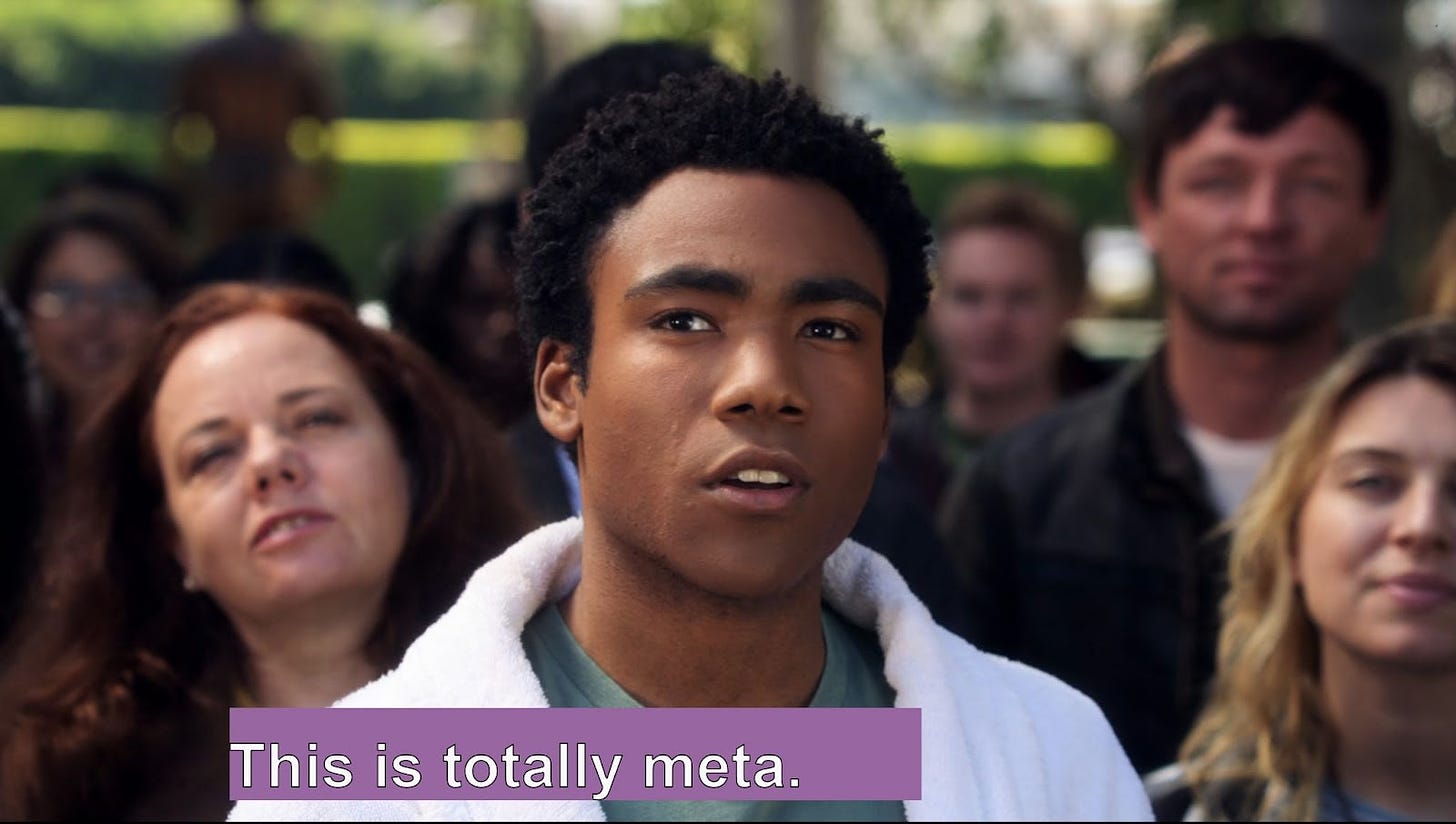 Community character Troy Barnes saying "this is totally meta."
