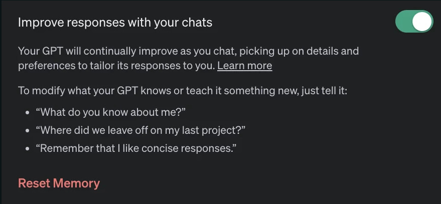 "Improve responses with your chats" pop-up box in ChatGPT with on/off toggle and "Reset Memory" link