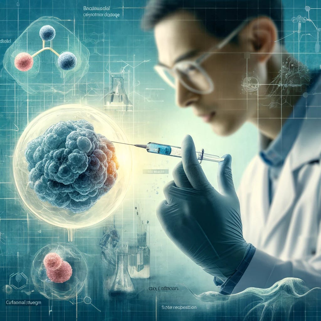 A visually appealing square image focusing on chlorine dioxide, cancer treatment, and intratumoral injections. The image features a scientist, symbolizing Xuewu Liu, carefully preparing an intratumoral injection with a syringe pointing directly into a visible representation of a tumour. In the background, there are subtle visual elements like chemical structures of chlorine dioxide and abstract representations of cancer cells. The color palette includes shades of blue and green to signify scientific progress and hope in cancer treatment.