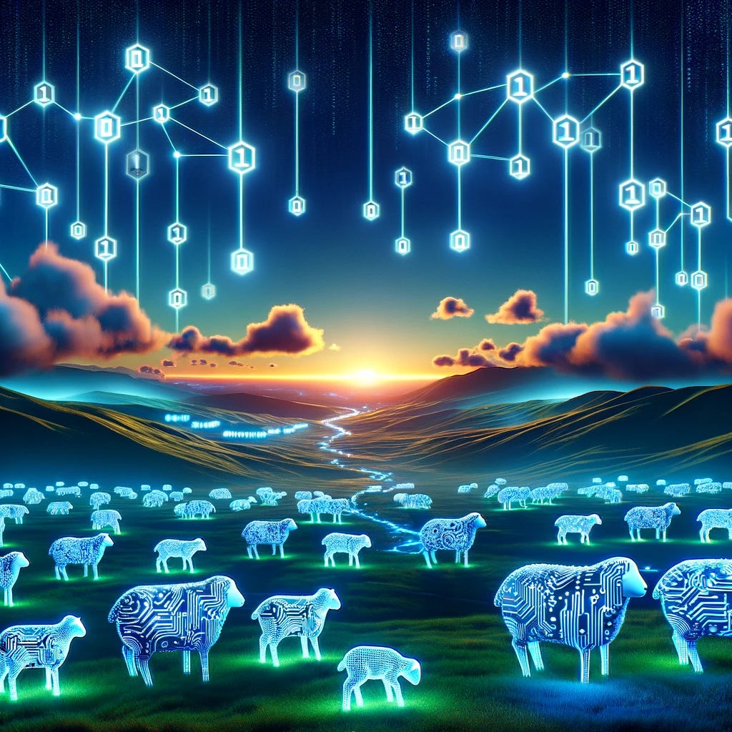 A futuristic, digital landscape at twilight, without any text. The scene includes a vast network of interconnected nodes and glowing data streams flowing between them, symbolizing a blockchain. In the foreground, a group of stylized, digital sheep with circuit patterns on their bodies graze peacefully on a field of neon grass under a sky streaked with binary code. The overall atmosphere should evoke a sense of wonder and contemplation about the future of technology and its intersection with nature, rendered in a visually striking and simple manner.