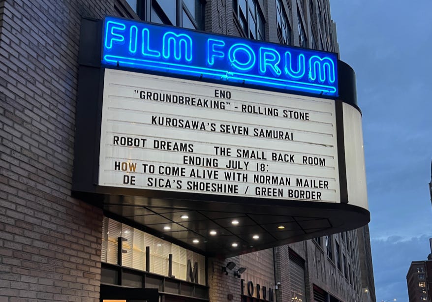 Photograph of the marquee at Film Forum, listing Eno.