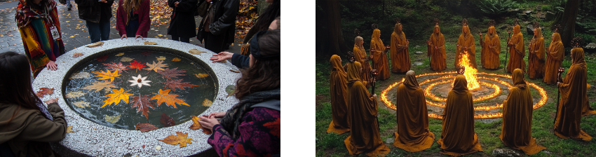 Two images capturing ritualistic gatherings in natural settings. The left image shows a group of people standing around a circular stone basin filled with water and floating autumn leaves, including vibrant red, yellow, and orange maple leaves, suggesting a ceremonial or reflective moment. The right image depicts a circle of robed figures in deep amber colors gathered around concentric rings of fire in a lush forest, their stance solemn as they face the central flames, evoking a sense of communal ritual or ancient rite.