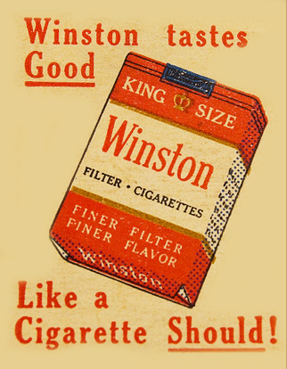 An old print ad for Winston cigarettes. Along with a drawing of a pack of Winstons, text says, "Winston tastes Good, Like a Cigarette Should!