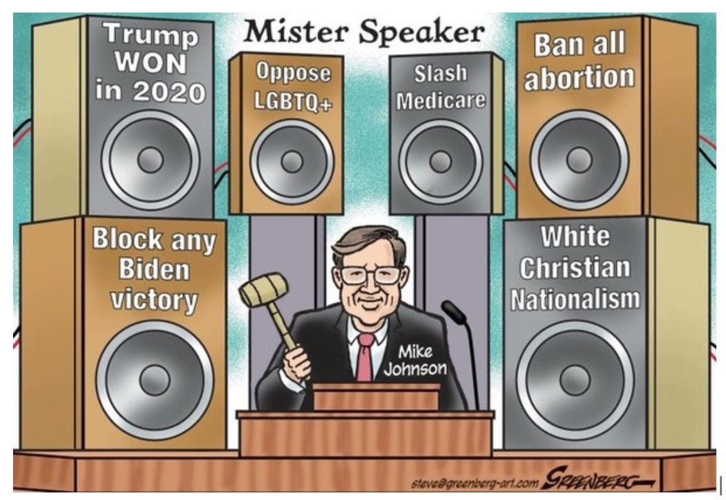 Cartoon of speaker mike Johnson surrounded by speakers captioned with right-wing priorities and conspiracy theories
