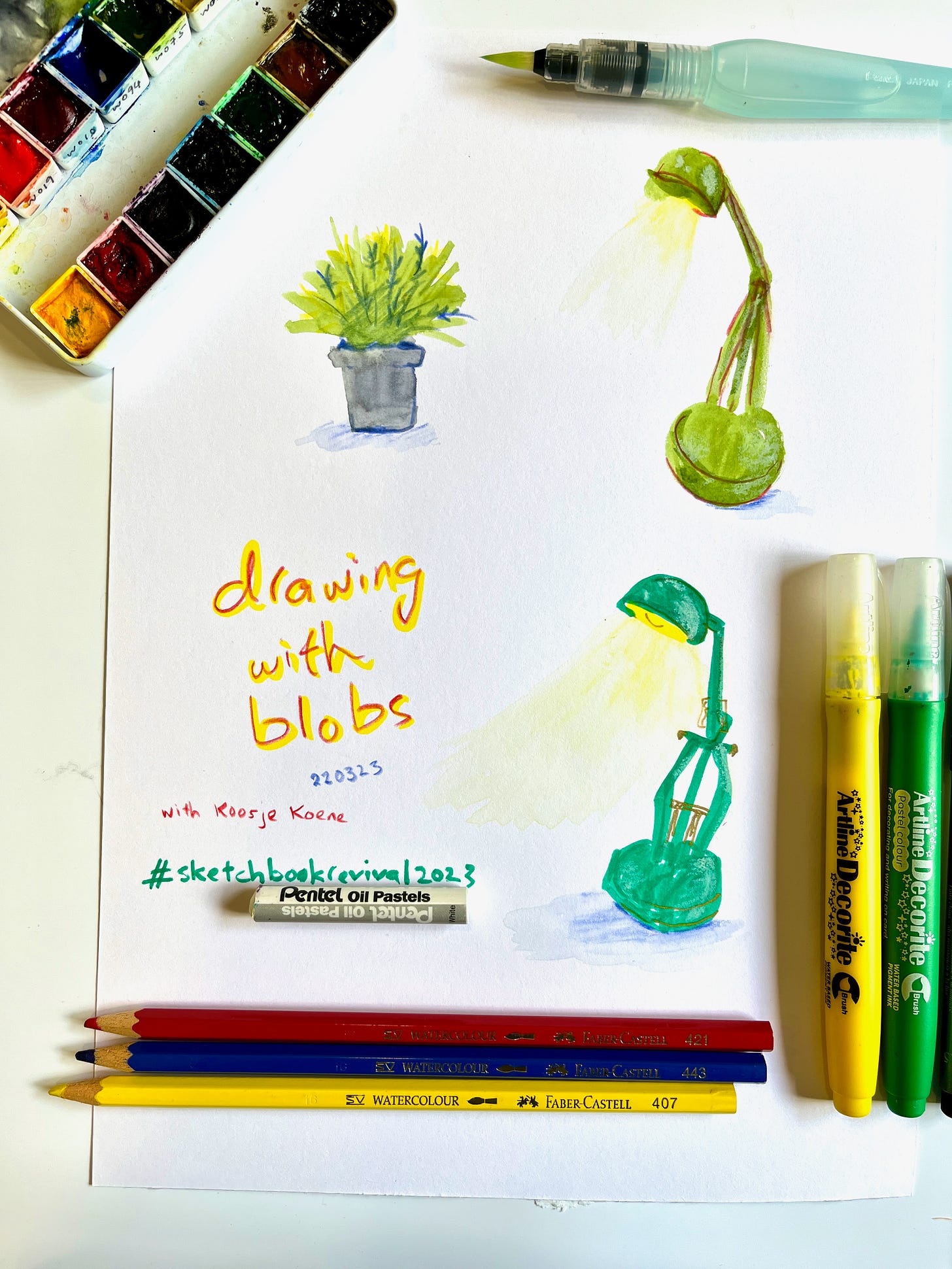 image: flay lay of a colour scene with table lamp illustrations, a potted plant. Around the sketch are a few colour markers, colour pencil and a water brush.