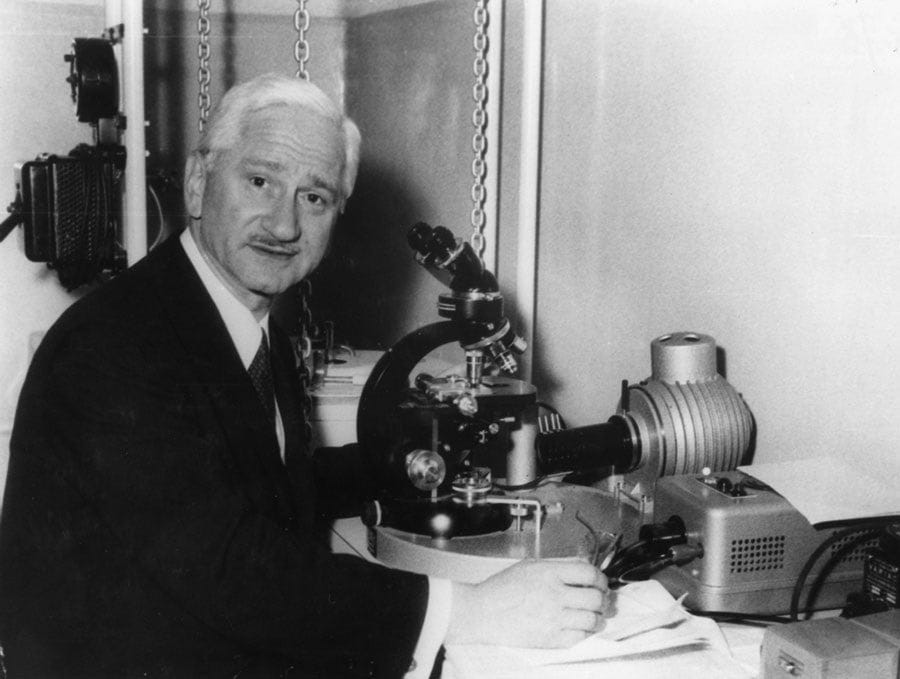 Albert Bruce Sabin with a microscope