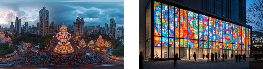 Two-part image: the left side shows a large festival scene in a city with a giant Ganesha idol surrounded by crowds and skyscrapers at dusk, highlighting a vibrant cultural celebration. The right side displays a modern building facade adorned with colorful, illuminated stained glass art depicting various Hindu deities, blending traditional art with contemporary architecture.