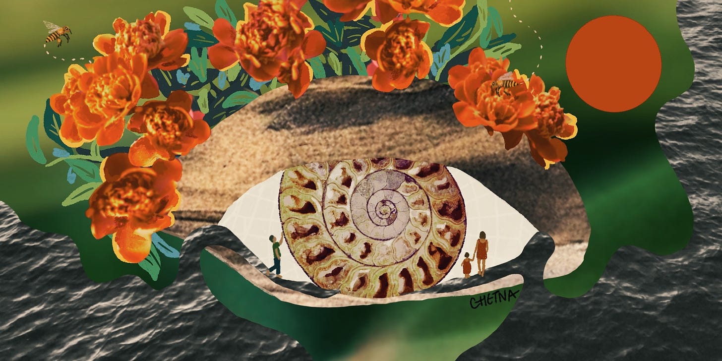A collage painting with an eye, flowers, the ocean and a shell/spiral
