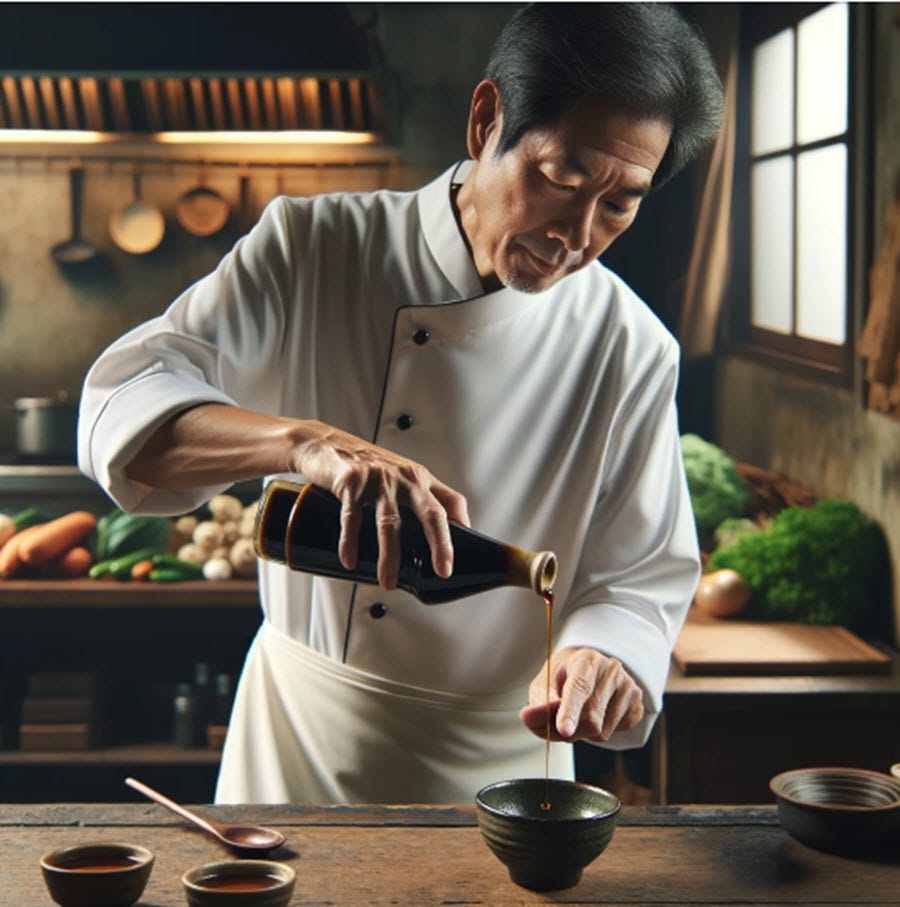asian chef pouring soy sauce into a bowl