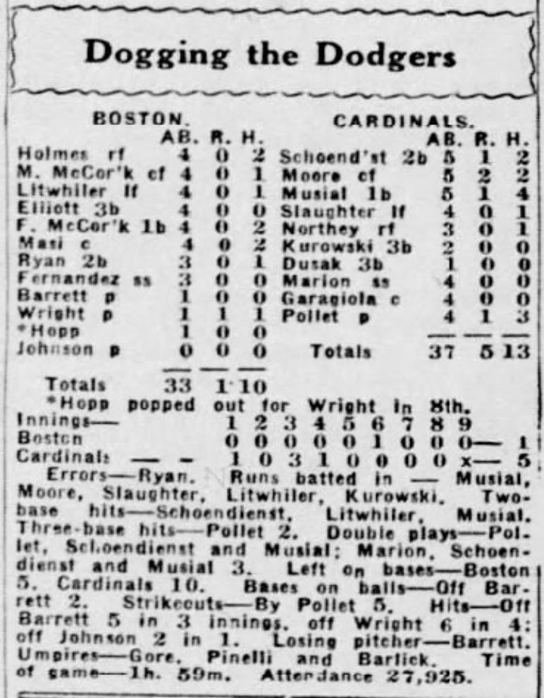 July 25 1947 Braves Cardinals Boxscore