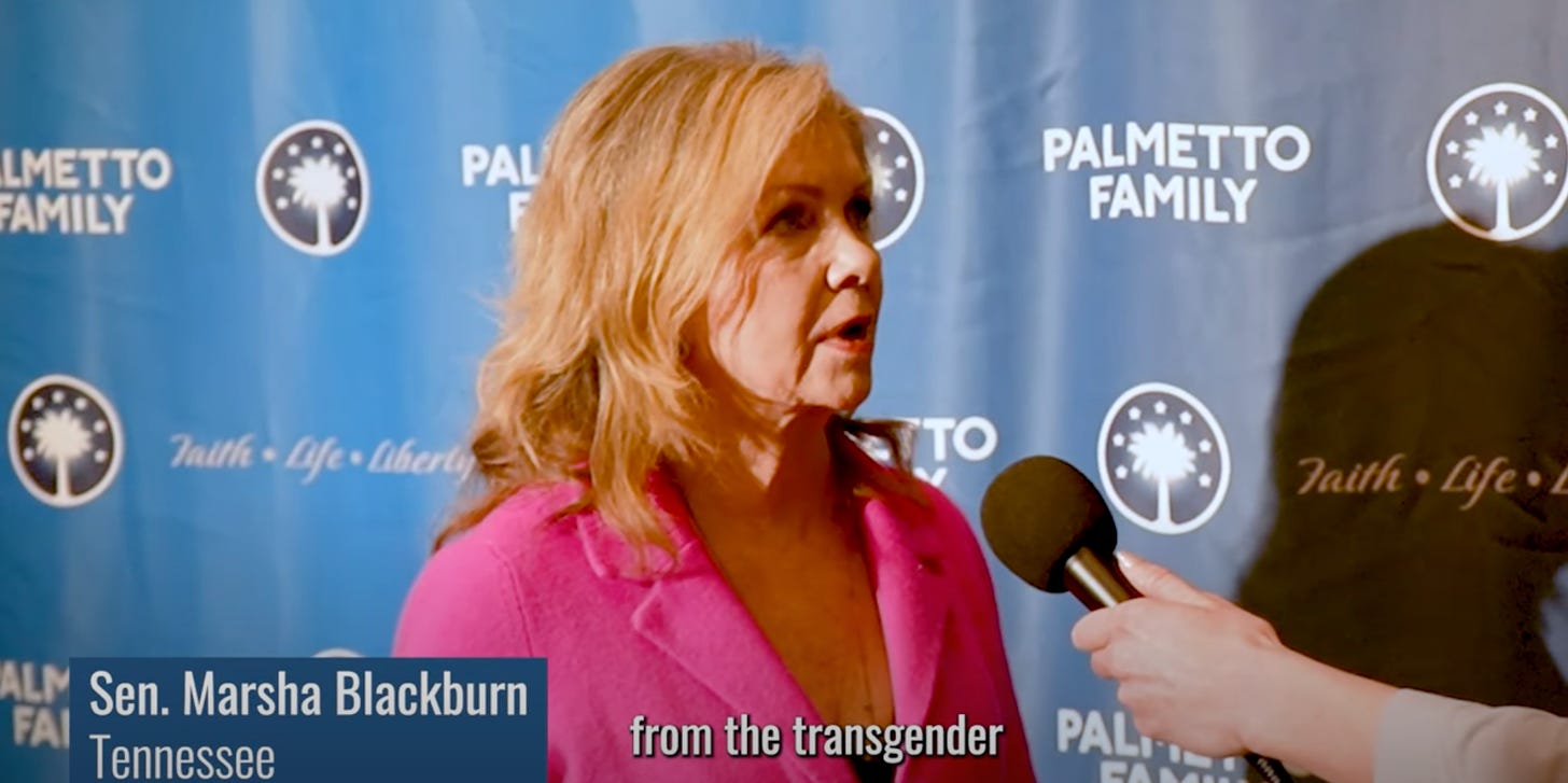 photo of Republican Senator Marsha Blackburn (co-sponsor of KOSA) during an interview in which she said that a main priority for conservative politicians should be "protecting minor children from the transgender in this culture and that influence."