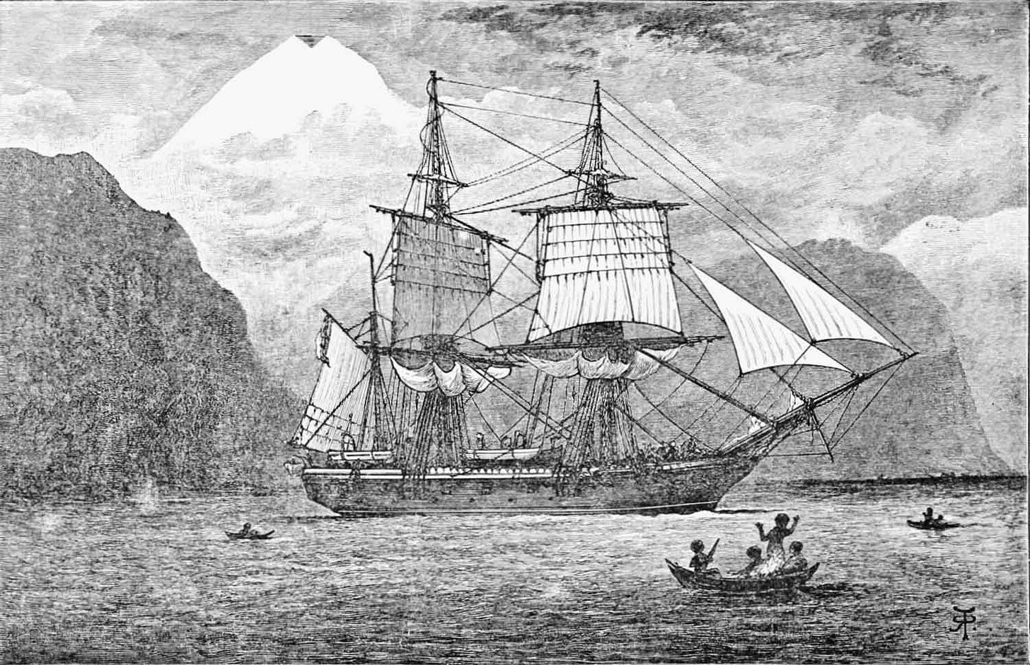 The sailing ship H.M.S. Beagle with a small craft bearing dark-skinned people