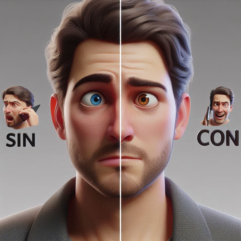 A hyperrealistic image divided into two parts, with a character on the left side looking worried and on the right side looking calm and confident, both doing something funny. Write SIN on the left side and CON on the right side to represent the person without insurance and the person with insurance, respectively.