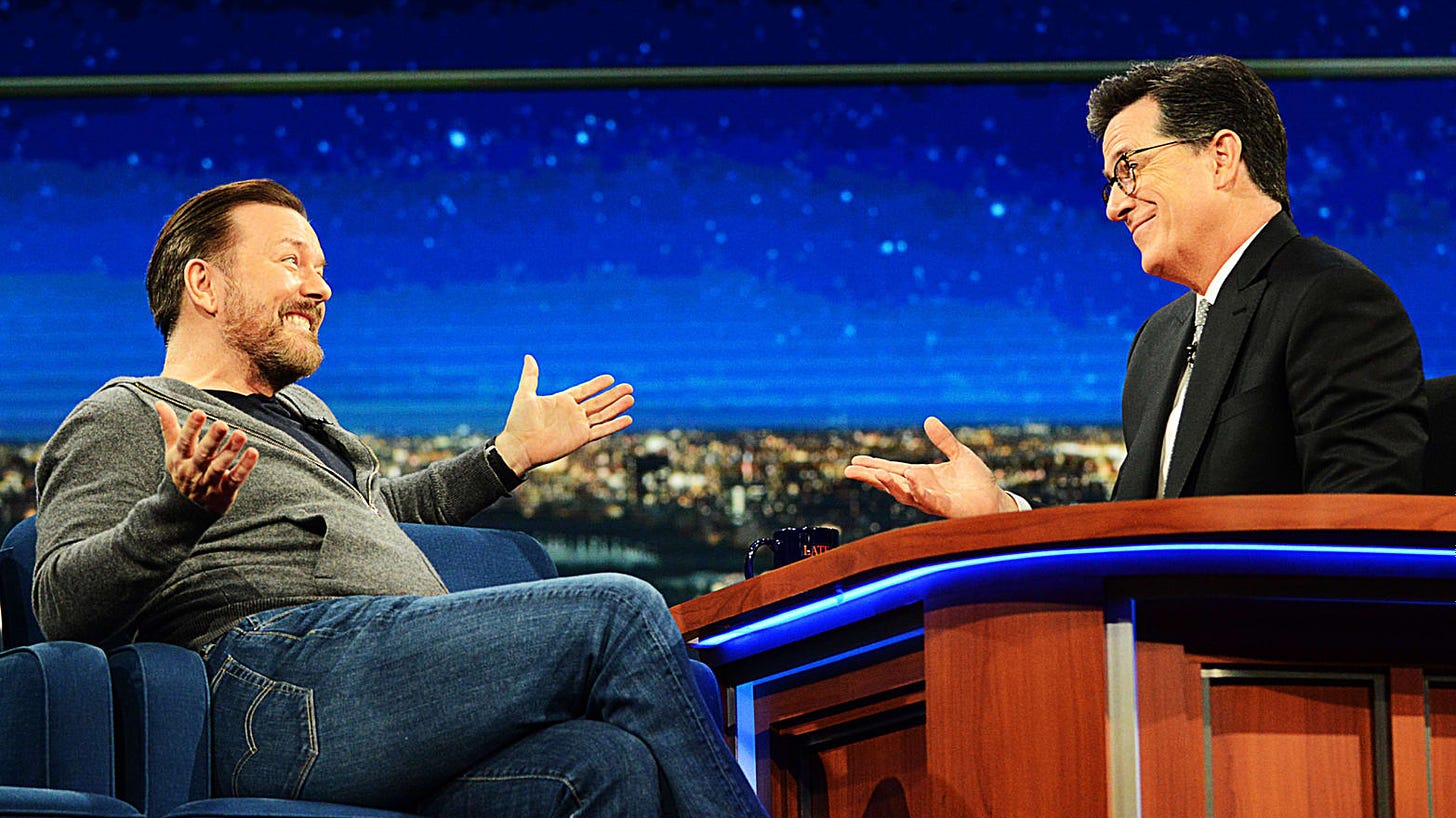 Stephen Colbert and Ricky Gervais Debate the Existence of God