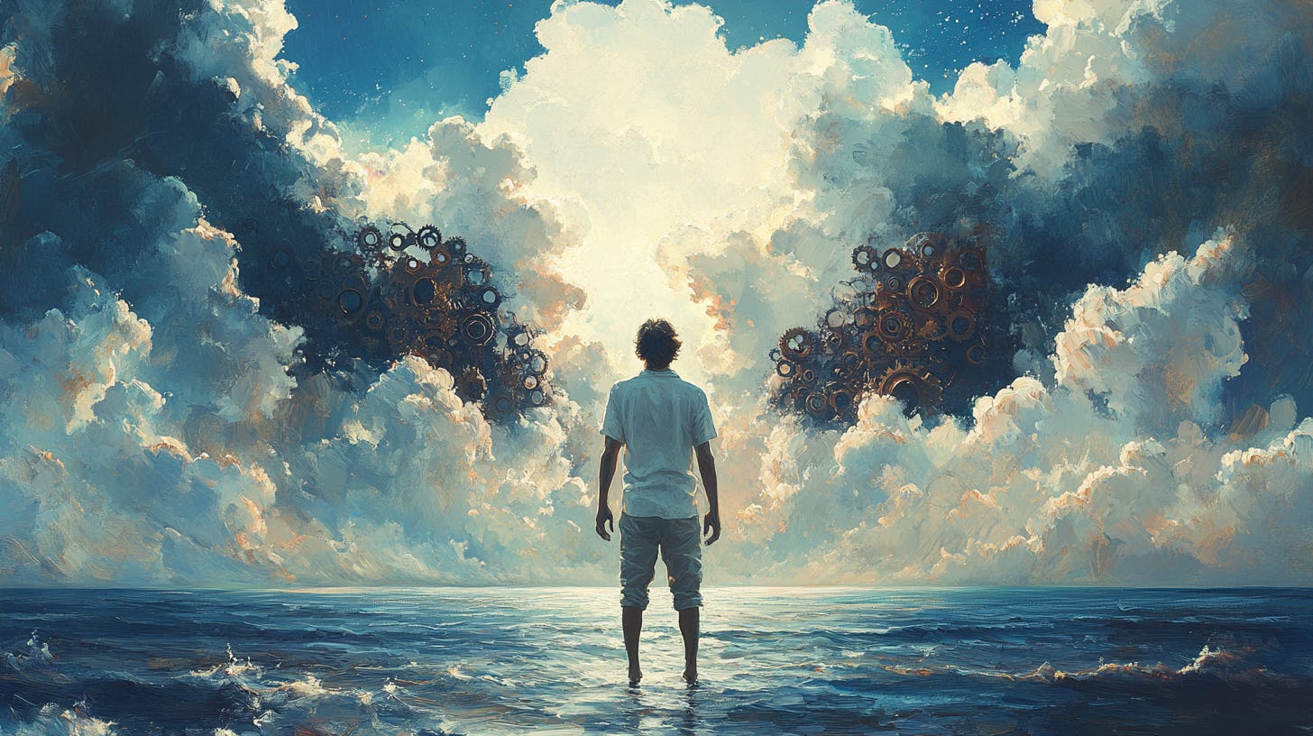 Surreal oil painting depicting a man standing in the ocean, facing a glowing sky where clouds part to reveal mechanical gears, symbolizing the illusion of control amid the vast, uncontrollable forces of life and nature.