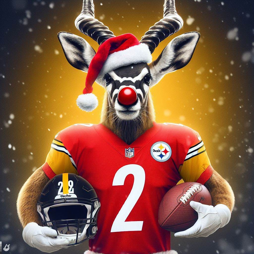an antelope, dressed as a pittsburgh steeler nfl player, with his jersey number being 2. give him a red nose like santa. mix in pittsburgh steeler imagery with christmas imagery 