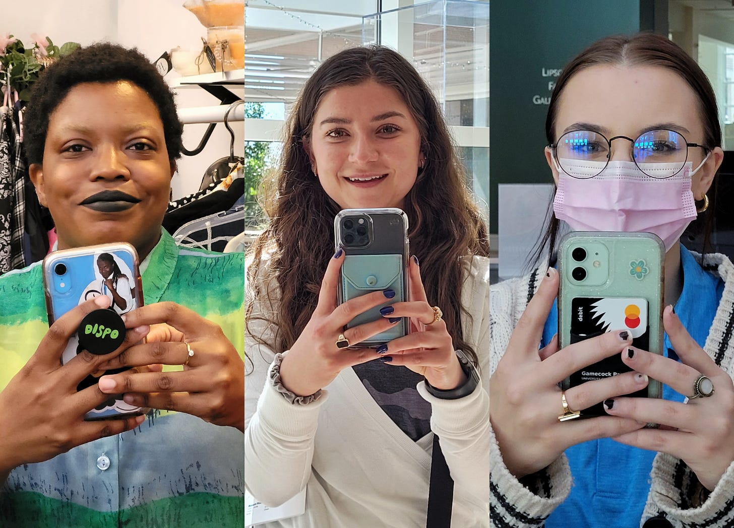 Collage of three pictures with ladies of different backgrounds and ages holding a smart phone camera as if taking a picture.