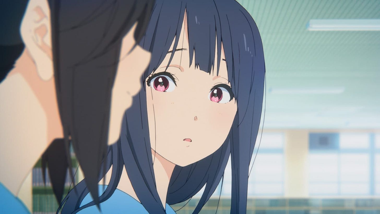 Liz and the Blue Bird | Still features a girl looking intimately at another one.