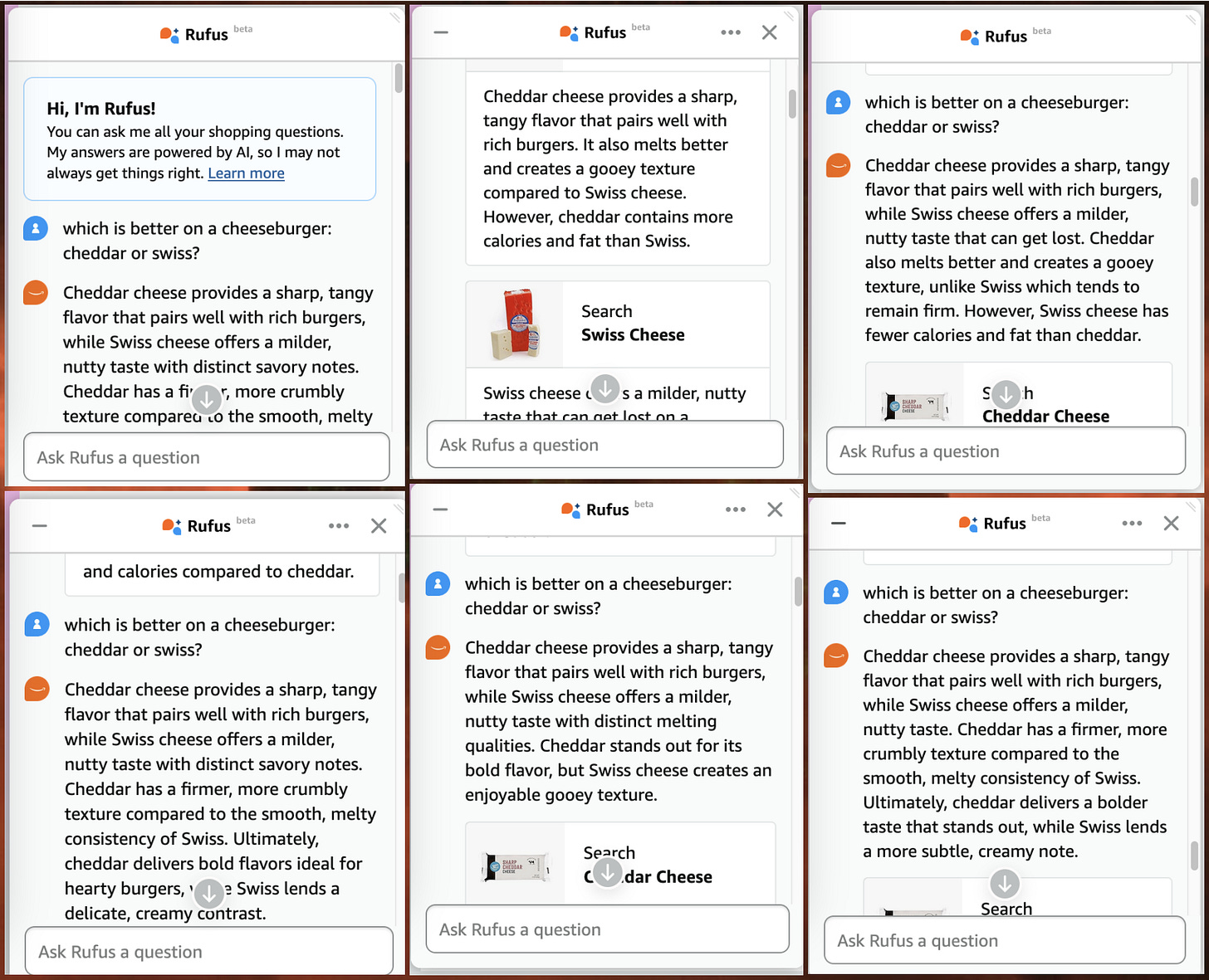 collage of conversations between Amazon's "Rufus" chatbot and the "which is better on a cheeseburger" bot