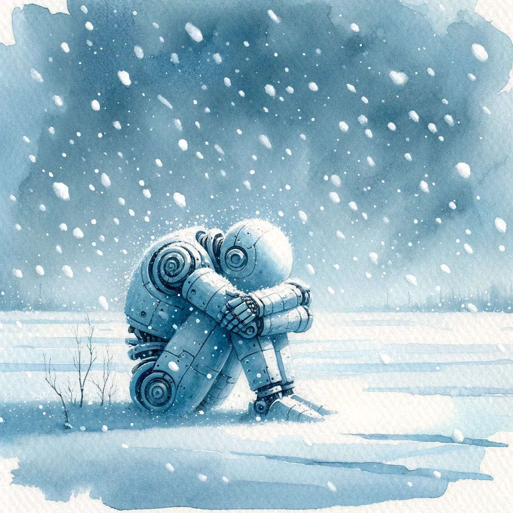 A watercolor painting depicting a robot huddled up in the cold, surrounded by falling snow. The scene is rendered in soft blue tones, capturing a serene yet melancholic atmosphere. The robot, designed in a humanoid shape, is embracing itself to stay warm amidst the snowflakes gently drifting down from the sky. The background is a minimalist winter landscape, emphasizing the solitude of the robot in this snowy environment.