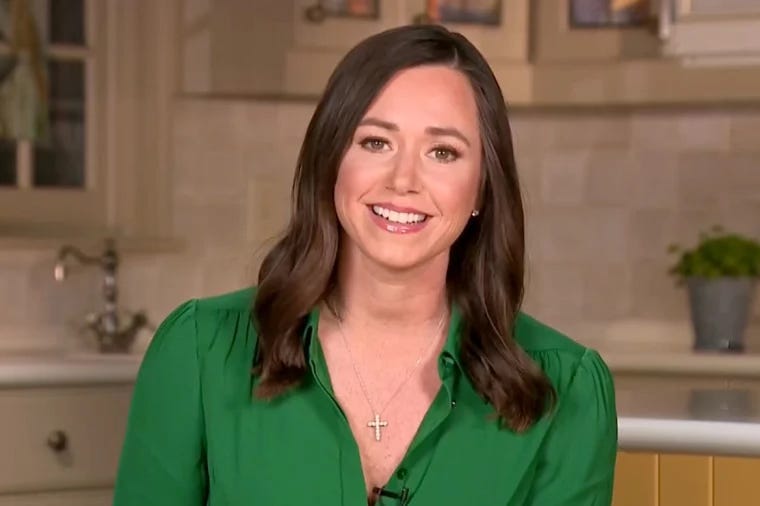 Photo of Alabama Senator Katie Britt wearing a green blouse and sitting in her kitchen during her rebuttal of Biden's State of the Union Address