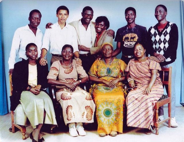 A photo of a young Barack Obama with his extended family in Kenya