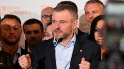 Slovakia's presidential candidate Peter Pellegrini speaks at his headquarters in Bratislava on Sunday.