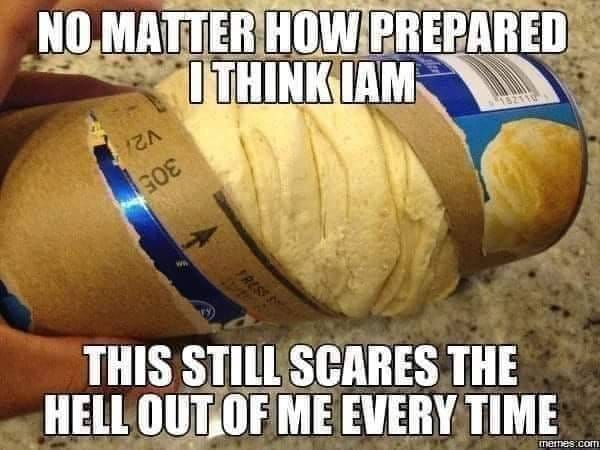 May be an image of burrito and text that says 'NO MATTER HOW PREPARED I THINK IAM ٨٨۸ 308 THIS STILL SCARES THE HELL OUT OF ME EVERY TIME memes COm'