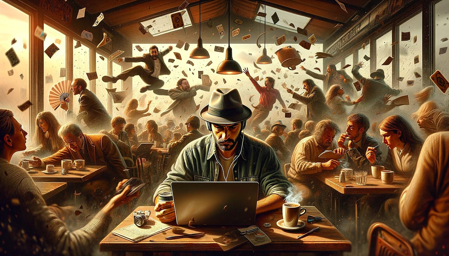 A surreal image in warm tones of a man at a crowded coffee shop.  The man is in the foreground, facing us.  He is working on his laptop. He is wearing headphones, and is oblivious to the mayhem unfolding behind him of people throwing stuff in the air, and others jumping in the air.