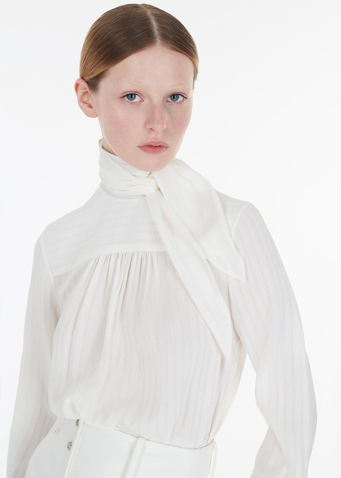 Model wearing the leigh top in petite point jacquard