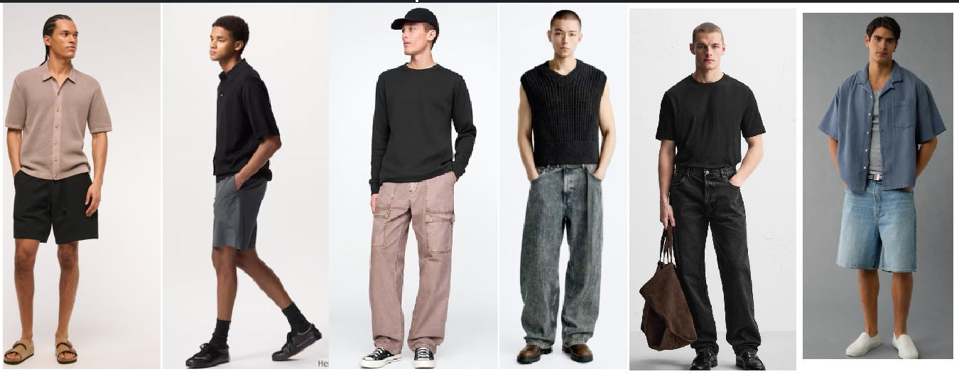 Male model apparel pictures from several retailers