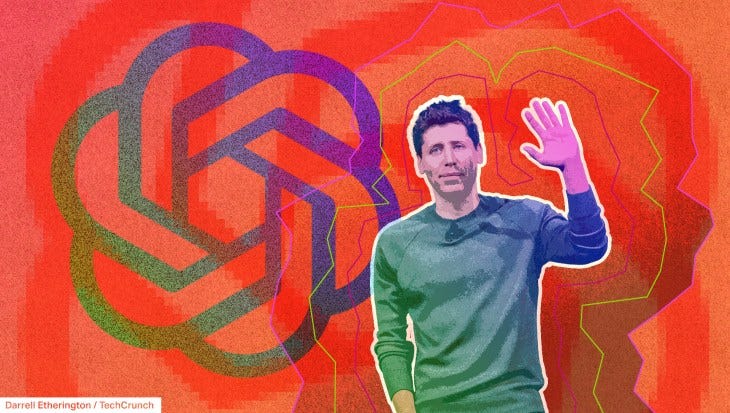 An illustration of Sam Altman in front of the OpenAI logo